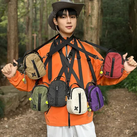Men Outdoor Nylon Plaid Crossbody Bag Waterproof Small Shoulder Bag Portable Mobile Phone Bag With Pendant