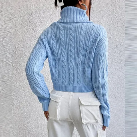 Women Turtleneck Long Sleeve Cable Knit Cropped Sweater Acrylic Pullover Solid Color Streetwear Autumn Winter Short Top