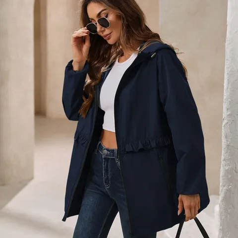 Giacca a Vento da Donna Casual in Poliestere Impermeabile Con Cappuccio Coulisse in Vita Impermeabile Outdoor Con Tasche Tinta Unita Cappotto alla Moda