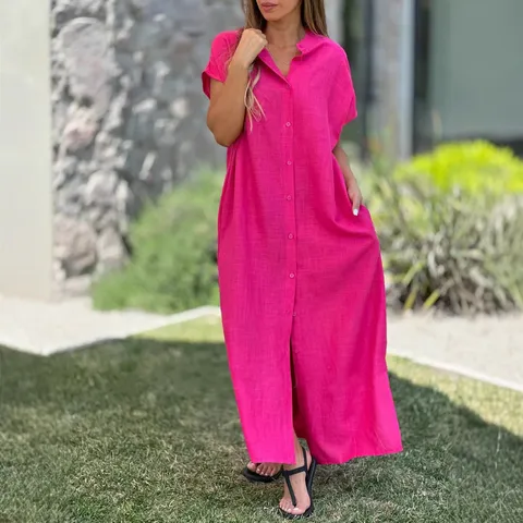Women's Casual Cotton Linen Maxi Dress Button Down Short Sleeve Shirt Dress With Pockets Solid Color Loose Fit Plus Size Sundress