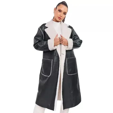 Women's Notch Lapel Faux Leather Long Trench Coat Sherpa Lined Thickened Winter Jacket With Belt Warm Casual Fashion Style Top