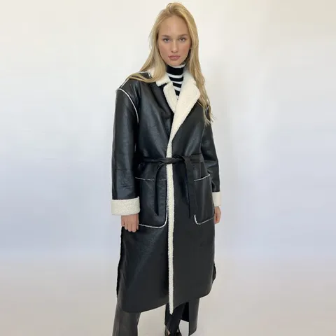 Women's Notch Lapel Faux Leather Long Trench Coat Sherpa Lined Thickened Winter Jacket With Belt Warm Casual Fashion Style Top