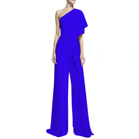 Elegant One Shoulder Cape Sleeve Jumpsuit (60) For Women Sexy Wide Leg Long Pants Bodycon Splicing Solid Color Summer Evening Party Jumpsuit