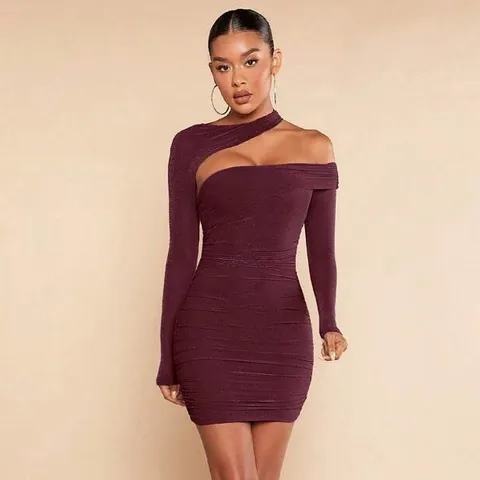 Sexy Dames Mini-Jurk met Lange Mouwen Opstaande Kraag Opengewerkt Geplooid Bodycon Wijnrood Nauwsluitende Korte Rok Jurk voor Feest Club