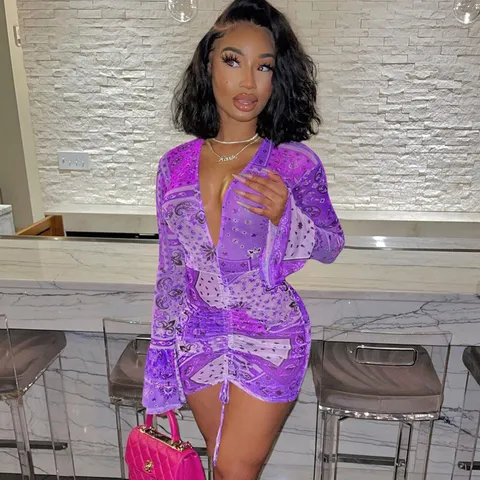 Women Sexy Deep V-Neck Bodycon Dress Mesh See-Through Paisley Print Long Sleeve Ruched Tight Mini Dress For Party Night Club