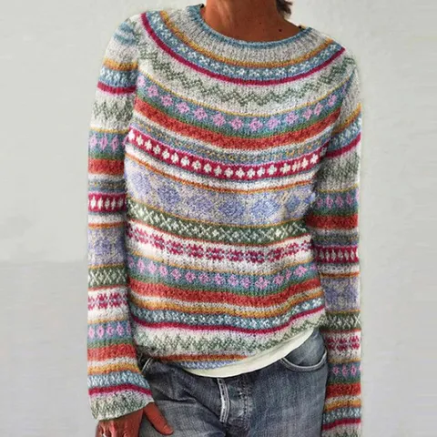 Women's Crew Neck Color Block Knit Sweater Long Sleeve Loose Pullover Geometric Pattern Fashion Knitwear Fall Winter Top