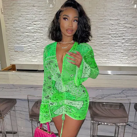 Women Sexy Deep V-Neck Bodycon Dress Mesh See-Through Paisley Print Long Sleeve Ruched Tight Mini Dress For Party Night Club