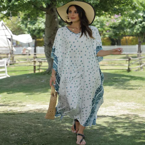 Women's V-neck Kaftan Dress Loose Printed Beach Cover Up Sun Protection Maxi Dress Vacation Batwing Sleeve Swimsuit Wrap