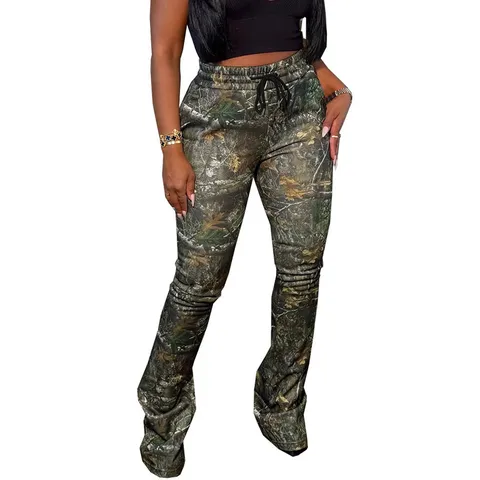 Pantaloni della Tuta a Campana da Donna Vintage Stampa Camouflage Elasticizzati in Vita con Coulisse Casual Poliestere