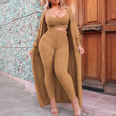 Conjunto de Ropa de Estar por Casa de Moda Cálido de Invierno Cardigan Camisole y Pantalón de Peluche Sólido Casual para Mujer