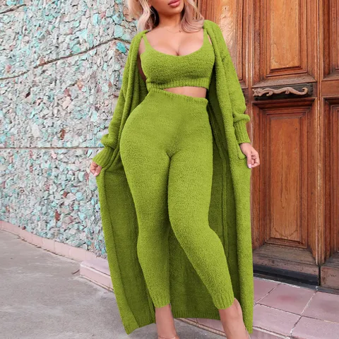 Conjunto de Ropa de Estar por Casa de Moda Cálido de Invierno Cardigan Camisole y Pantalón de Peluche Sólido Casual para Mujer