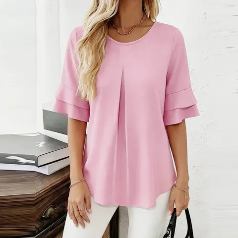 Women's Casual Summer Blouse Pleated Crew Neck Half Flare Sleeve Loose Fit Polyester Shirt Top For Daily Wear