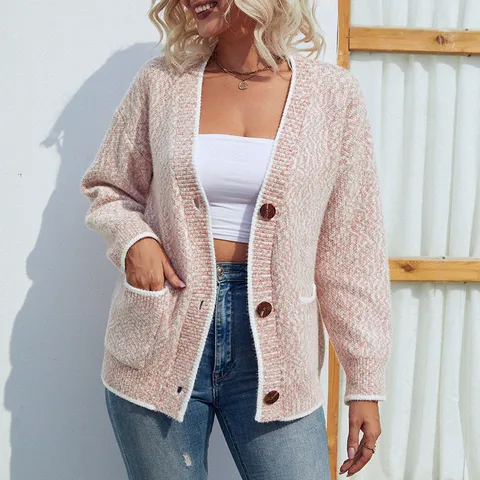 Cardigan de Punto Oversize Casual para Mujer Cuello en V Botonadura Sencilla Manga Larga Bloques de Color Bolsillos Abrigo