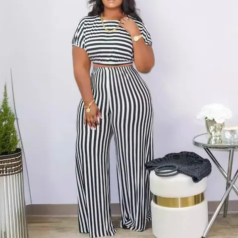 Womens Casual Color Block Striped Crop Top And High Waist Wide Leg Long Pants Set Summer Fashion Two Piece Tracksuit Outfit