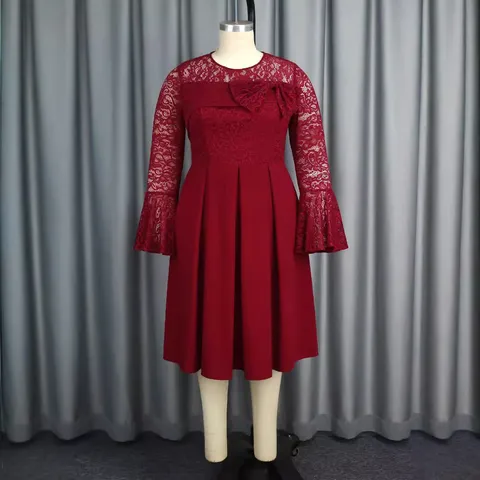 Robe Midi Patchwork en Dentelle Grande Taille pour Femmes Élégant Col Rond Manches Longues Évasées Nœud Papillon Couleur Unie Robe de Fête
