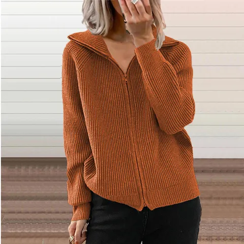 Women's Casual Solid Color Knit Cardigan Fall Winter Long Sleeve Polo Collar Zip Up Sweater Jacket