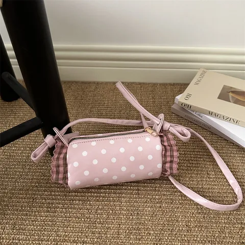 Bolso de Hombro Tipo Cubo de Cuero PU Estampado de Lunares Estilo Coreano Con Borde de Encaje Lazo Decoración Bolso Bandolera Cilíndrico para Niños Mujeres Bolso Moda Diario