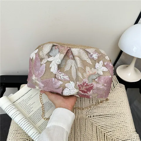 Sac à Épaule Femme Style Néo-Chinois en Tissu Composite Floral avec Strass Mode Sac Bandoulière Chaîne Carré Fermoir Magnétique Pochette