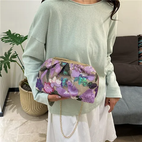 Sac à Épaule Femme Style Néo-Chinois en Tissu Composite Floral avec Strass Mode Sac Bandoulière Chaîne Carré Fermoir Magnétique Pochette