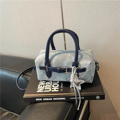 Women's Casual PU Leather Pillow Bag Small Boston Shoulder Crossbody Bag Stitching Design Fashion Handbag