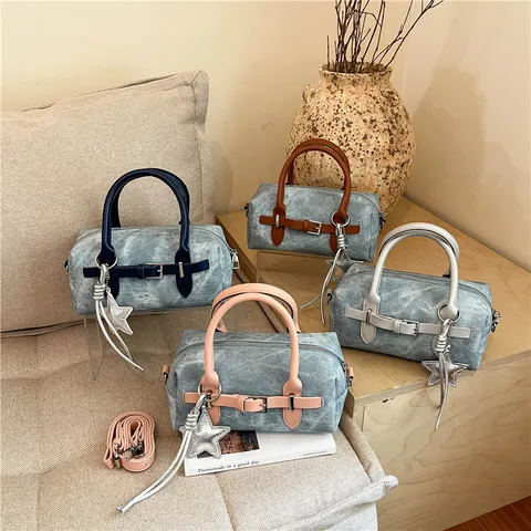 Vintage Denim Fabric Patchwork Boston Pillow Bag Small Square Handbag Women Contrast Color Crossbody Shoulder Bag With Star Charm