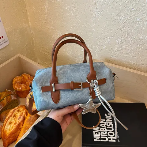 Women Fashion Boston Pillow Bag Denim PU Leather Spliced Handbag Casual Crossbody Shoulder Bag With Star Pendant