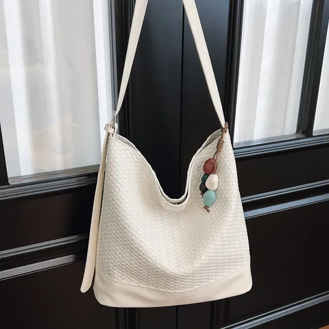 Moda Borsa a Secchiello Intrecciata in Pelle PU Grande Capacità Tracolla Borsa Composita Casual Pendolarismo Tote per Donna Accento Gioiello