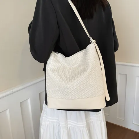 Moda Borsa a Secchiello Intrecciata in Pelle PU Grande Capacità Tracolla Borsa Composita Casual Pendolarismo Tote per Donna Accento Gioiello