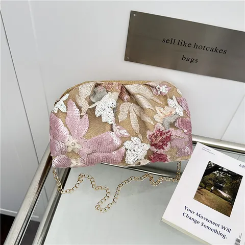 Borsa da Sera con Ricamo Floreale e Paillettes in Nuovo Stile Cinese per Donna Raffinata Borsa a Tracolla Retro con Catena a Nuvola per Banchetti e Feste