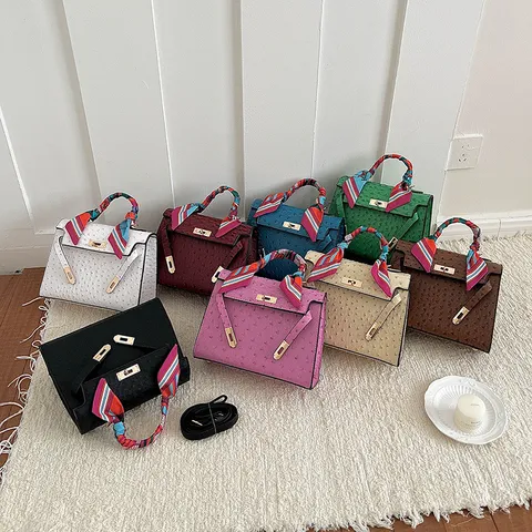 Women Ostrich Pattern Tote Bag PU Leather Kelly Bag Business Commuting Handbag With Silk Scarf Shoulder Crossbody Bag
