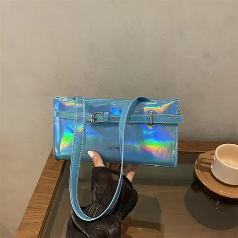 Women Urban Minimalist PU Leather Underarm Bag Stitching Belt Buckle Holographic Laser Small Square Shoulder Bag Zipper Casual Purse Daily Handbag