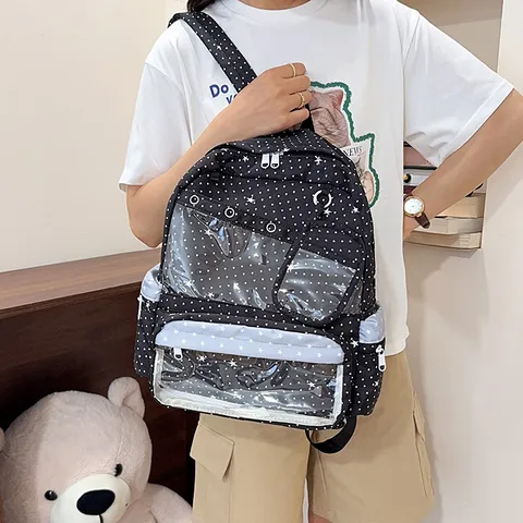 Large Capacity Star Print Student Backpack For Girls Ita Bag With Transparent Display Window Anime Style Nylon School Bag
