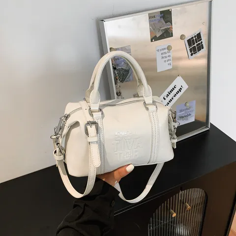 Bolso Boston Vintage de Cuero PU para Mujer Letras en Relieve Cosido Asa Superior Bolso Cruzado Nicho Coreano Casual Bolso de Hombro Viaje Handbag