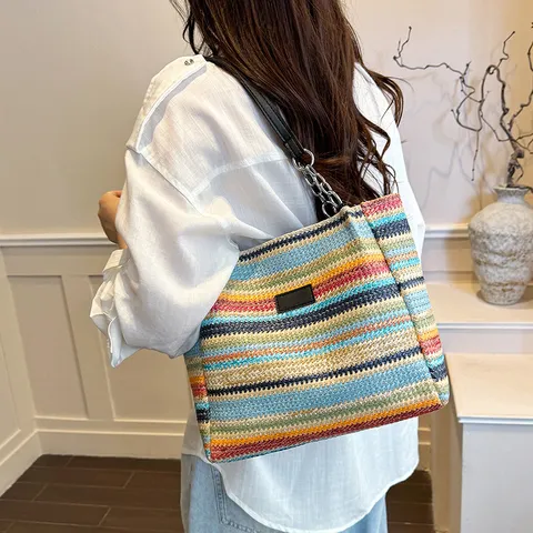 Borsa Tote in Paglia a Grande Capacità Donna Estate Spiaggia Vacanza Borsa a Spalla Intrecciata Con Catena Casual