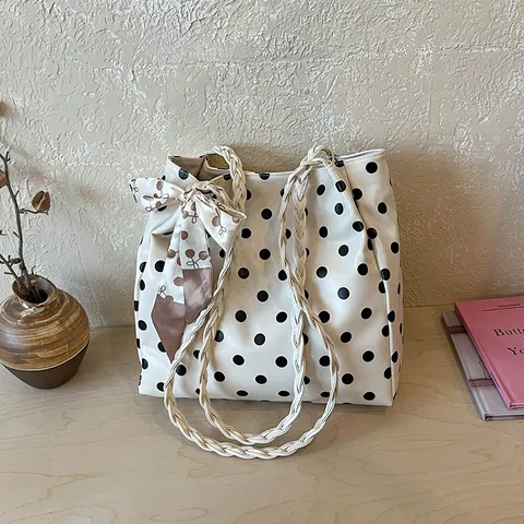 Japanischer Stil Gepunktete Tragetasche Minimalistisch Einfach Frisch Große Kapazität Schultertasche Für Damen Mode