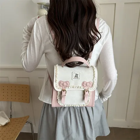 Sweet Lolita Lace Trim Bow Backpack For Women Small PU Leather Crossbody Bag Cute Bear Patch Square Convertible Backpack