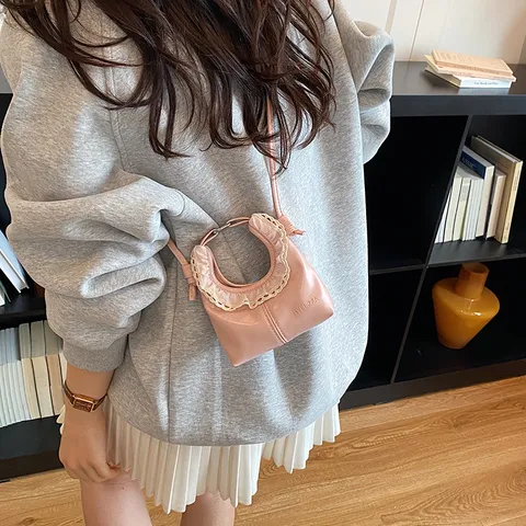 Fashion Mini PU Leather Crescent Bag With Lace Trim For Women Korean Style Chic Crossbody Shoulder Bag Trendy Matching Handbag