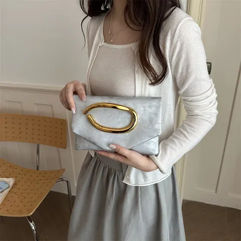 Modische Damen PU Leder Quadratische Clutch Einzigartiger Metallgriff Einfarbig Abendtasche Mode Handtasche Täglich Party
