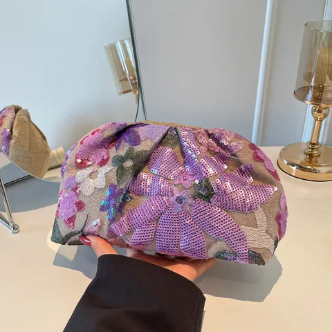 Femme Mode Toile Paillettes Broderie Pochette Sac Casual Motif Floral Fermeture Éclair Sac de Soirée Sac à Main