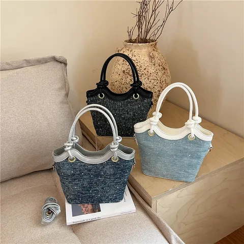 Women Denim Bucket Bag PU Leather Stitching Shoulder Bag With Star Pendant Casual Crossbody Handbag Commuter Chic Purses