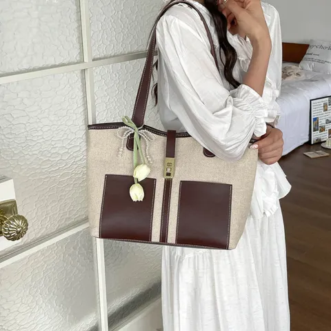 Women Commuter Tote Bag Canvas PU Leather Spliced Large Capacity Shoulder Bag With Metal Lock Contrast Color Handbag For Daily Work