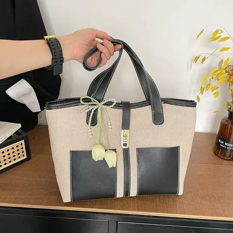 Women Commuter Tote Bag Canvas PU Leather Spliced Large Capacity Shoulder Bag With Metal Lock Contrast Color Handbag For Daily Work