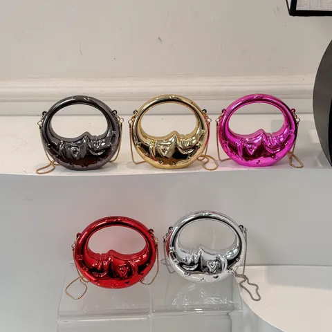 Fashion Acrylic Metallic Crescent Moon Chain Mini Shoulder Bag Luxury Embossed Face Crossbody Bag Hard Shell Handbag For Women