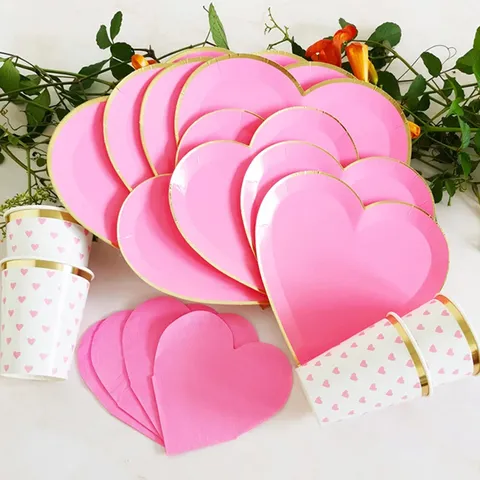 Ensemble de Table de Fête de Mariage d'Anniversaire de Serviettes de Tasses d'Assiettes en Papier Jetables Cœur d'Amour Rose