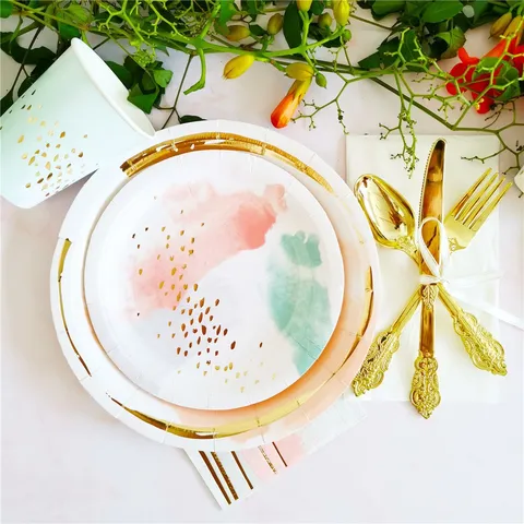 Lavis Vert Menthe Assiettes Gobelets Serviquettes Jetables en Papier Ensemble de Vaisselle de Fête Marquage à Chaud Anniversaire Pique-nique