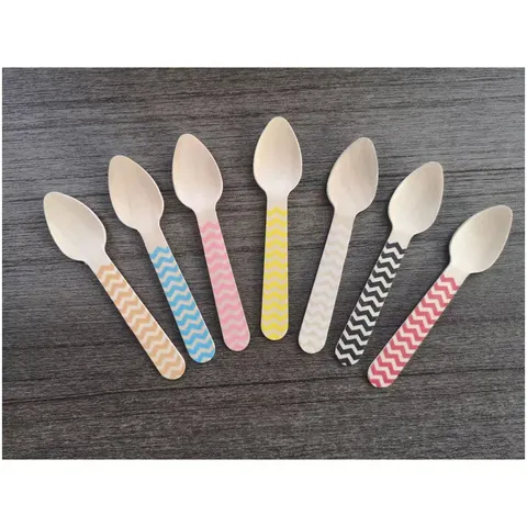 Couverts en Bois Ondulés Colorés Jetables Biodegradables Fourchettes Cuillères Couteaux Pour Fête d'Anniversaire Pique-nique