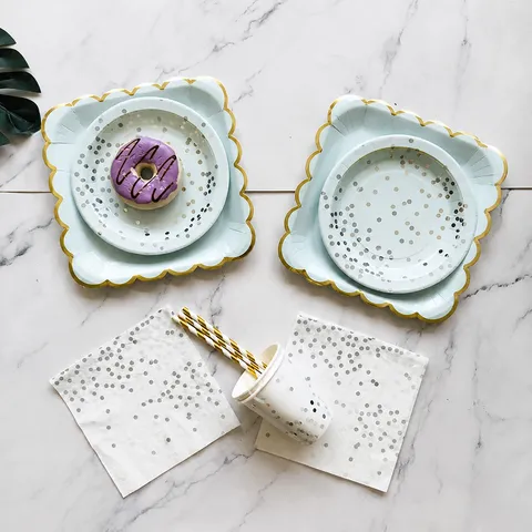 Μπλε Πουά Χάρτινα Πιάτα Κύπελλα Χαρτοπετσέτες Σετ Επιτραπέζιων Σκευών Πάρτι