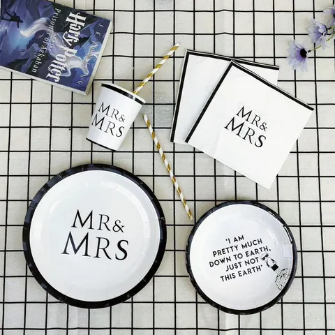 Disposable Paper Plate Napkin Cup Set Black And White Letter Printed Tableware For Wedding Party Birthday Decor