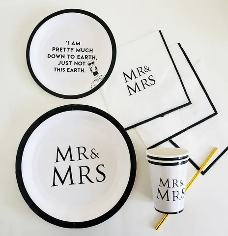 Disposable Paper Plate Napkin Cup Set Black And White Letter Printed Tableware For Wedding Party Birthday Decor