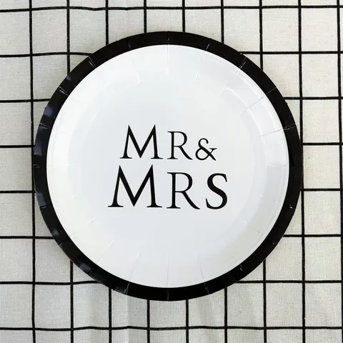 Disposable Paper Plate Napkin Cup Set Black And White Letter Printed Tableware For Wedding Party Birthday Decor